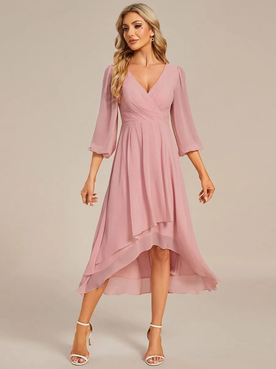 Chiffon Long Sleeve V-Neck High-Low Wedding Guest Dress