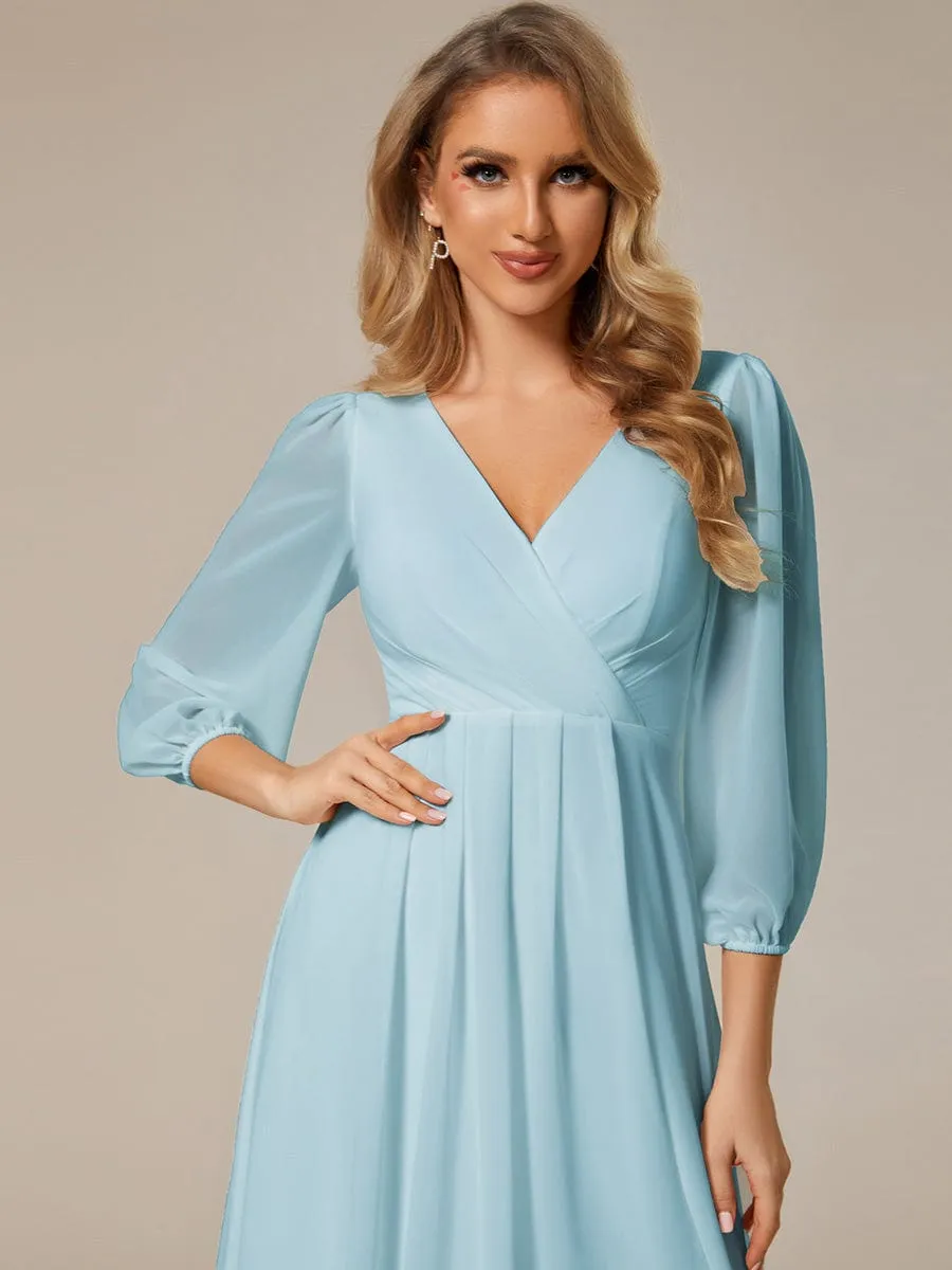 Chiffon Long Sleeve V-Neck High-Low Wedding Guest Dress