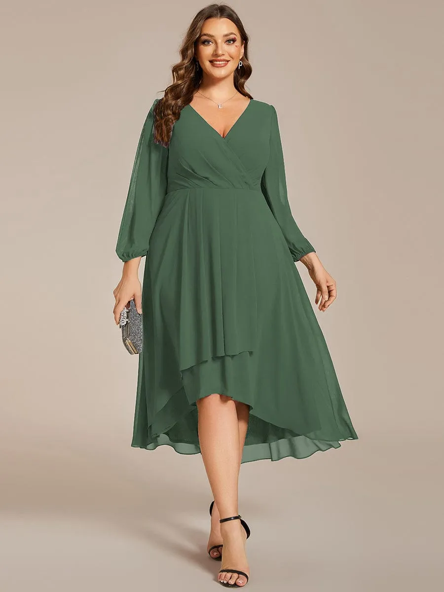 Chiffon Long Sleeve V-Neck High-Low Wedding Guest Dress