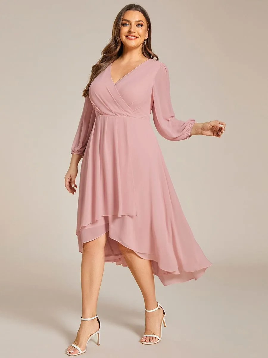 Chiffon Long Sleeve V-Neck High-Low Wedding Guest Dress
