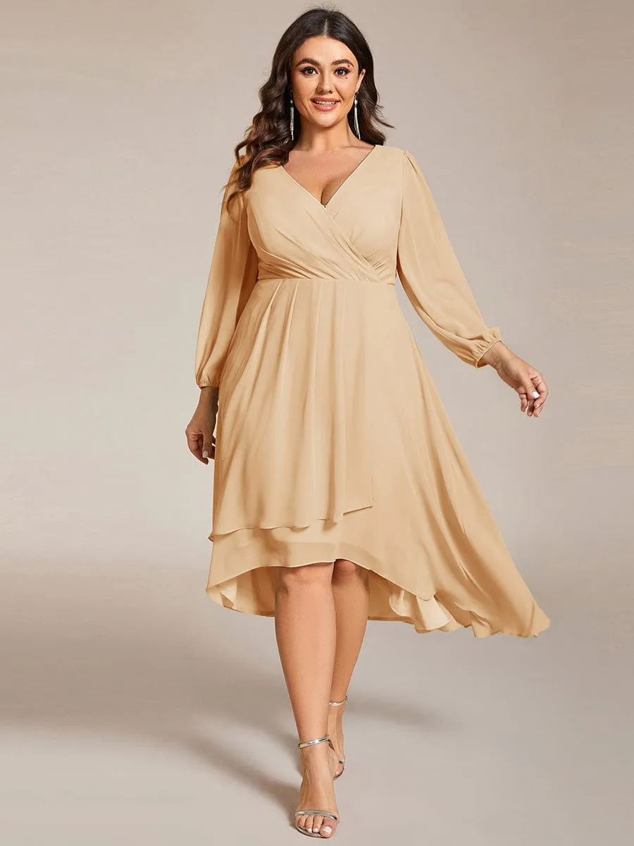 Chiffon Long Sleeve V-Neck High-Low Wedding Guest Dress
