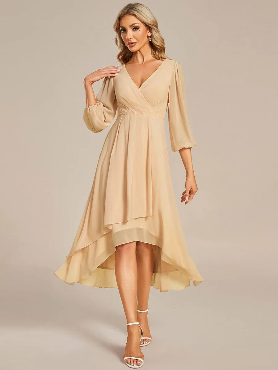 Chiffon Long Sleeve V-Neck High-Low Wedding Guest Dress