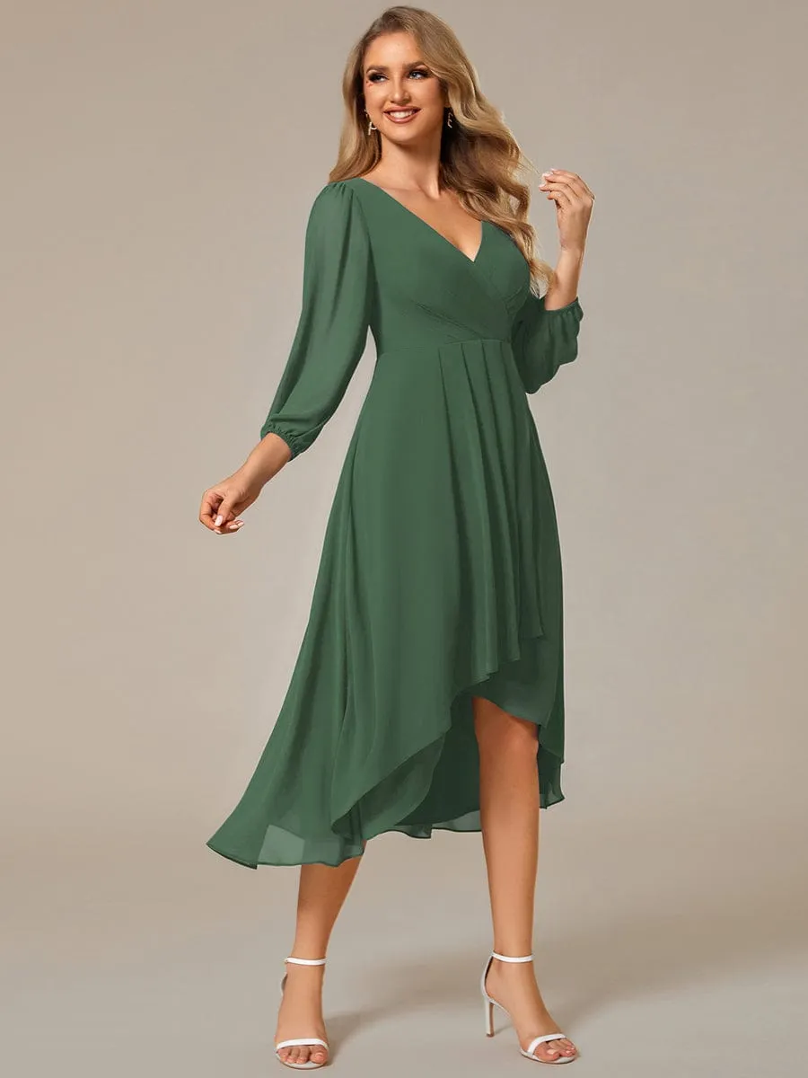 Chiffon Long Sleeve V-Neck High-Low Wedding Guest Dress