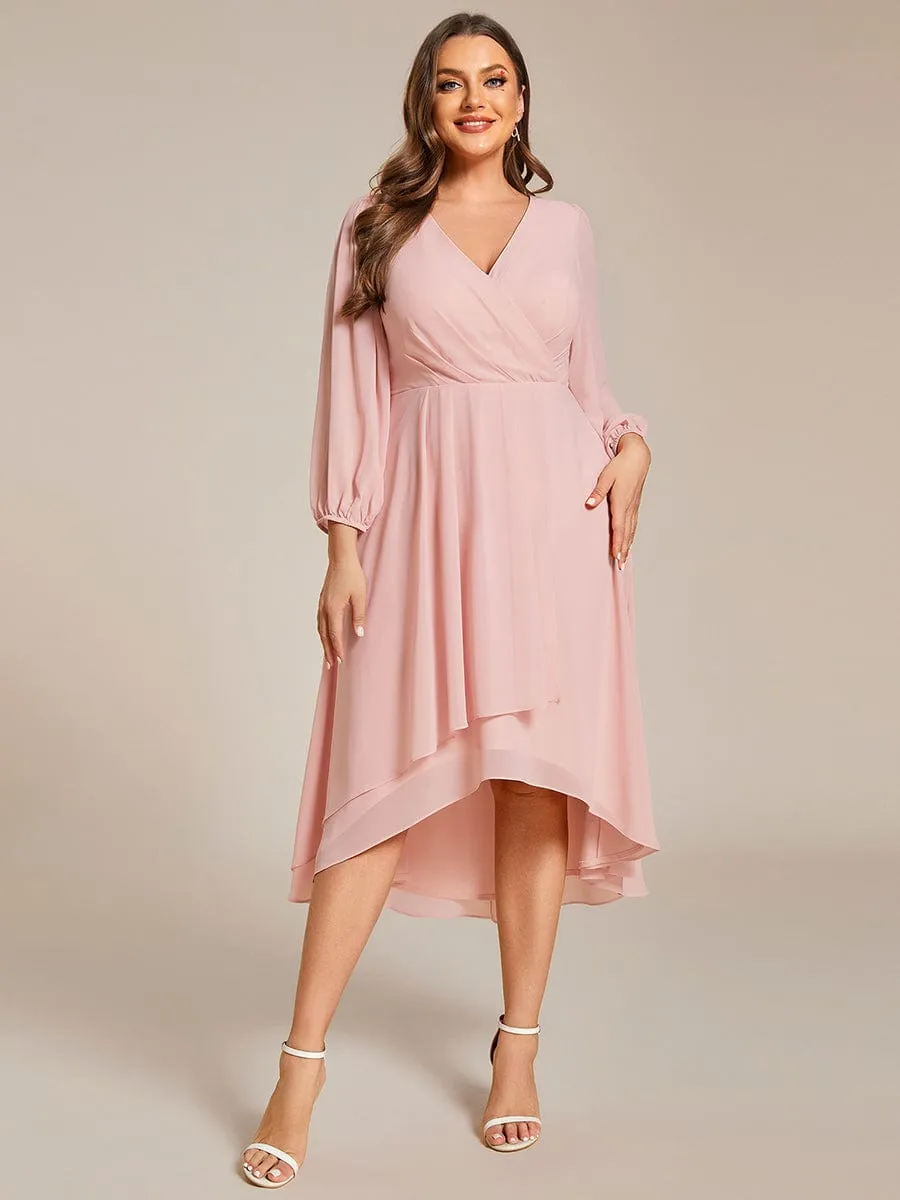 Chiffon Long Sleeve V-Neck High-Low Wedding Guest Dress