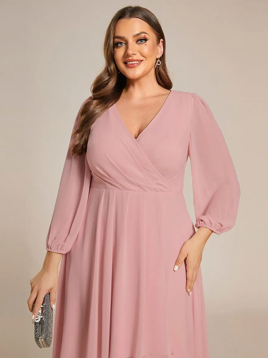 Chiffon Long Sleeve V-Neck High-Low Wedding Guest Dress