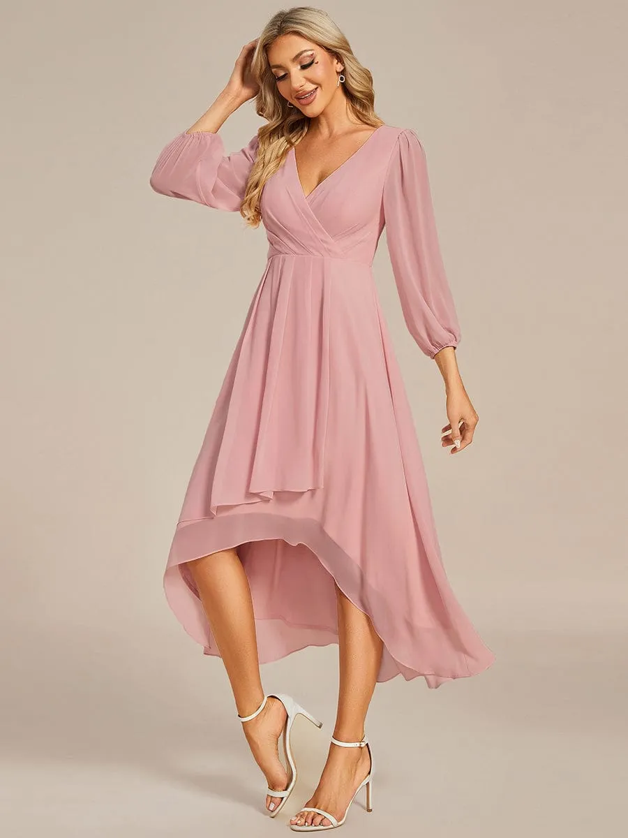 Chiffon Long Sleeve V-Neck High-Low Wedding Guest Dress