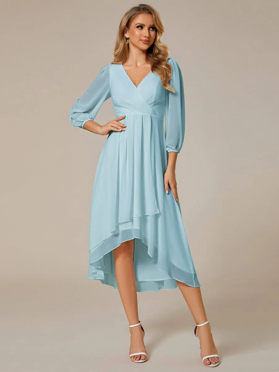 Chiffon Long Sleeve V-Neck High-Low Wedding Guest Dress