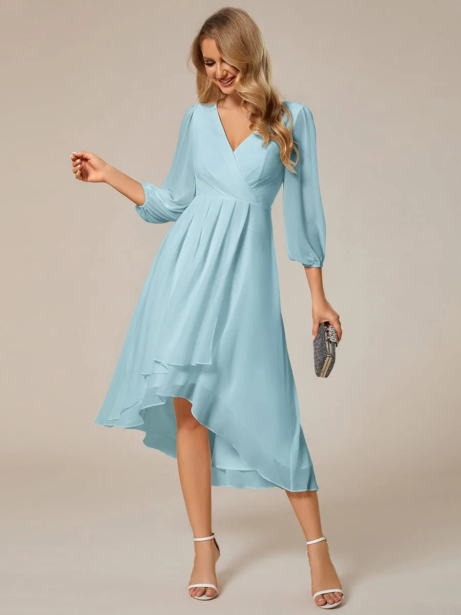 Chiffon Long Sleeve V-Neck High-Low Wedding Guest Dress
