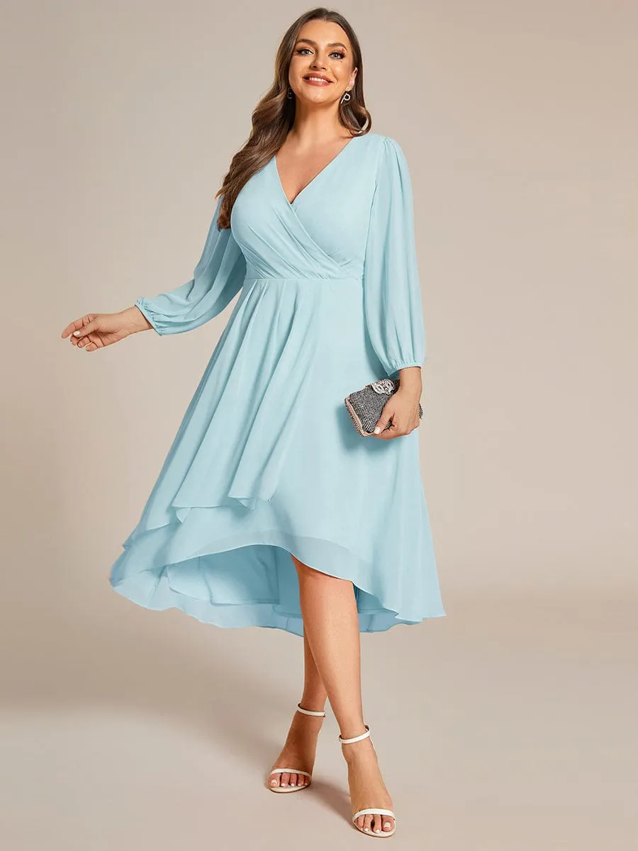 Chiffon Long Sleeve V-Neck High-Low Wedding Guest Dress