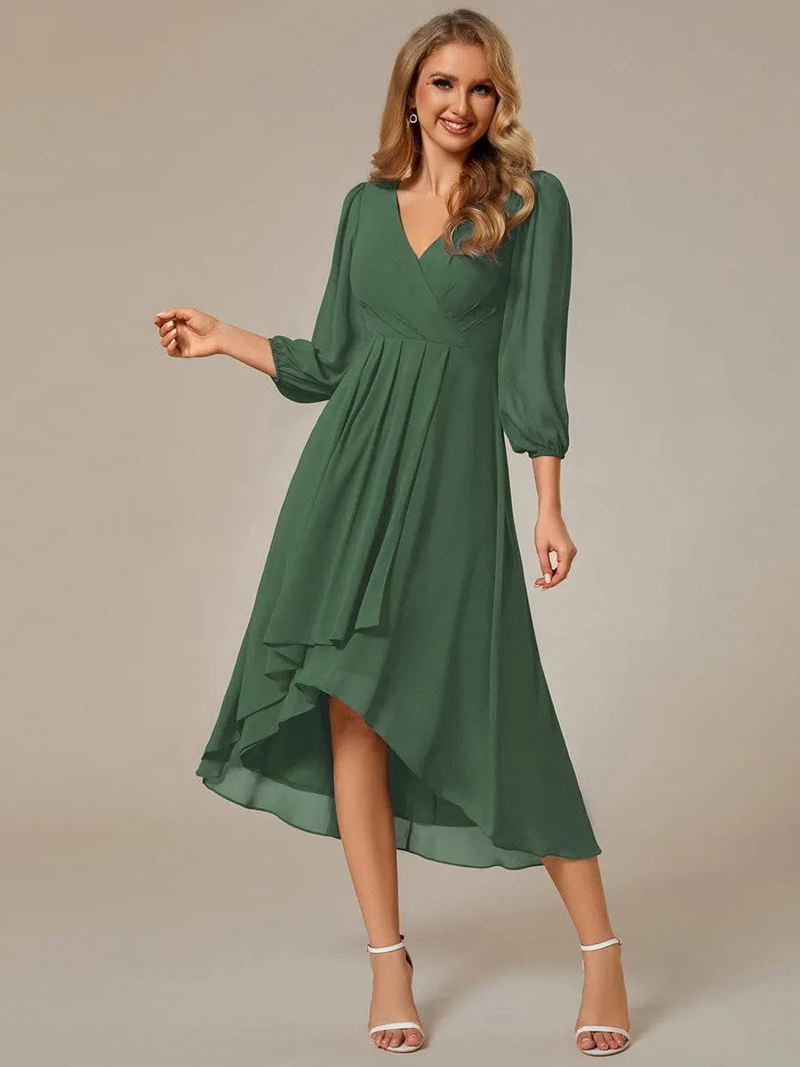 Chiffon Long Sleeve V-Neck High-Low Wedding Guest Dress