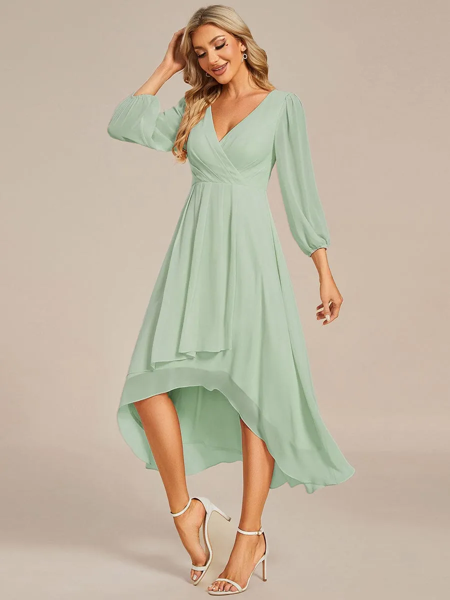 Chiffon Long Sleeve V-Neck High-Low Wedding Guest Dress