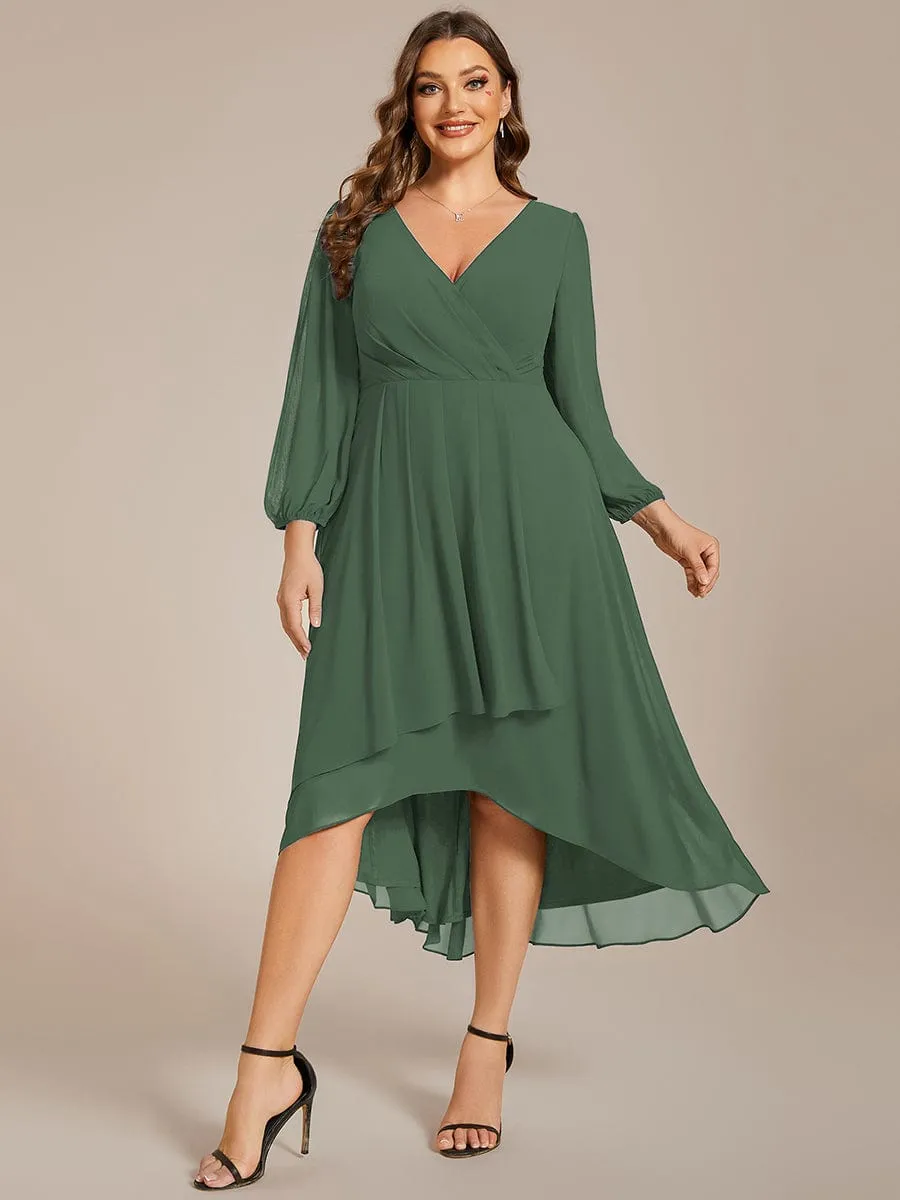 Chiffon Long Sleeve V-Neck High-Low Wedding Guest Dress