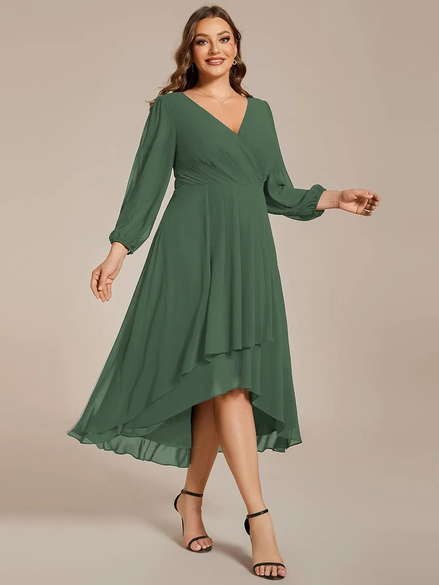 Chiffon Long Sleeve V-Neck High-Low Wedding Guest Dress
