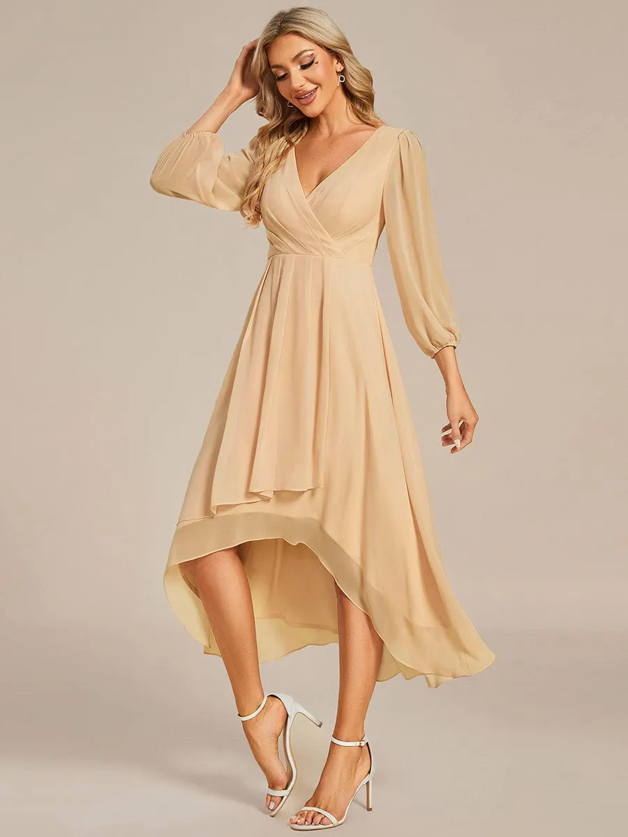 Chiffon Long Sleeve V-Neck High-Low Wedding Guest Dress