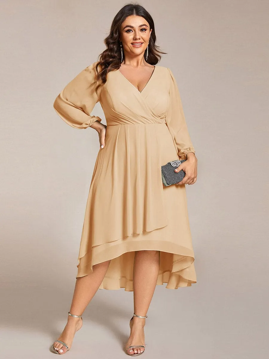 Chiffon Long Sleeve V-Neck High-Low Wedding Guest Dress