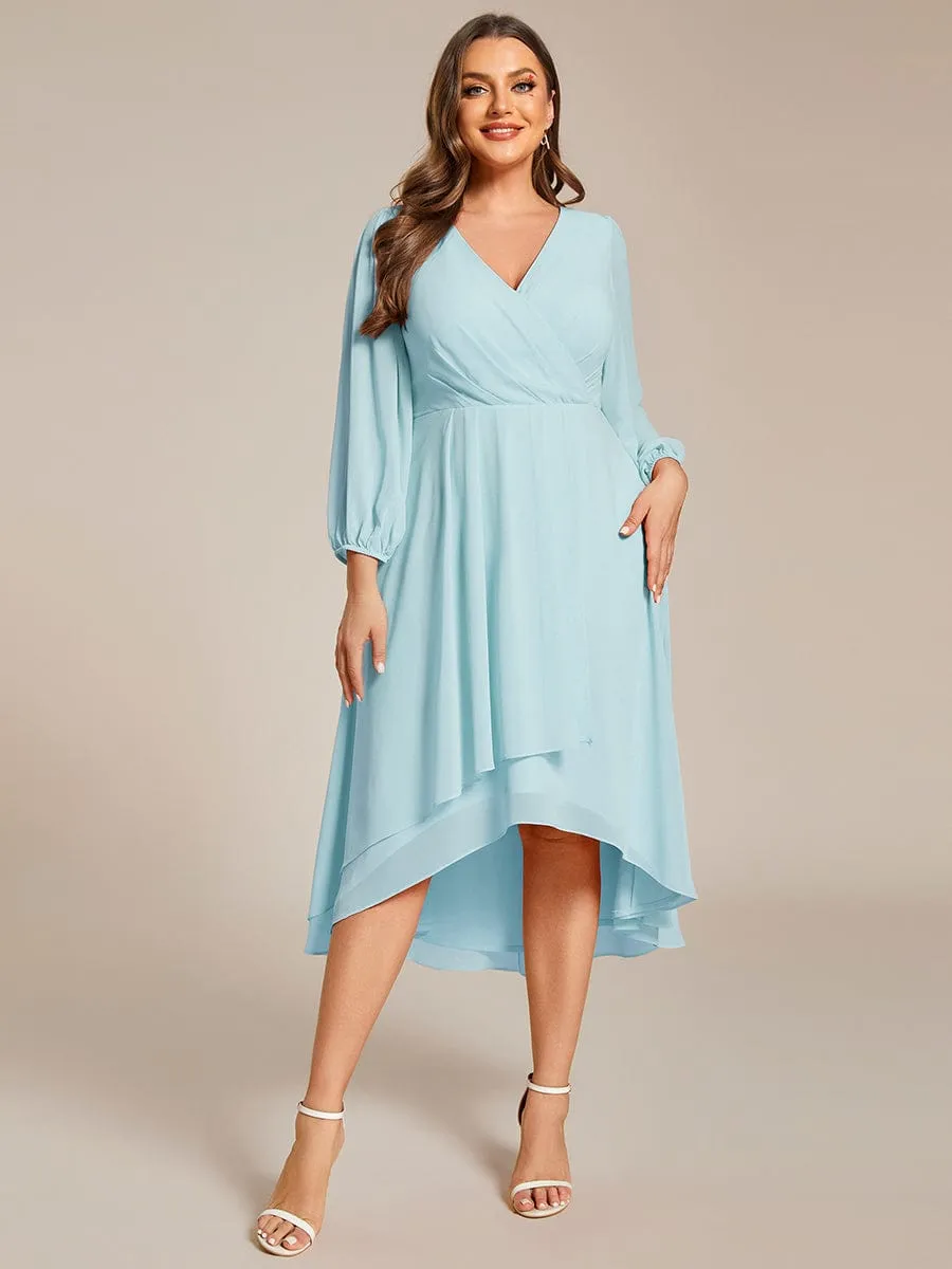 Chiffon Long Sleeve V-Neck High-Low Wedding Guest Dress