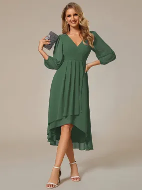 Chiffon Long Sleeve V-Neck High-Low Wedding Guest Dress