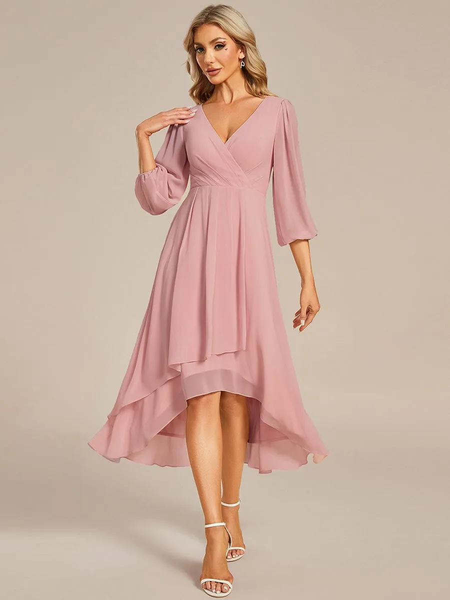 Chiffon Long Sleeve V-Neck High-Low Wedding Guest Dress