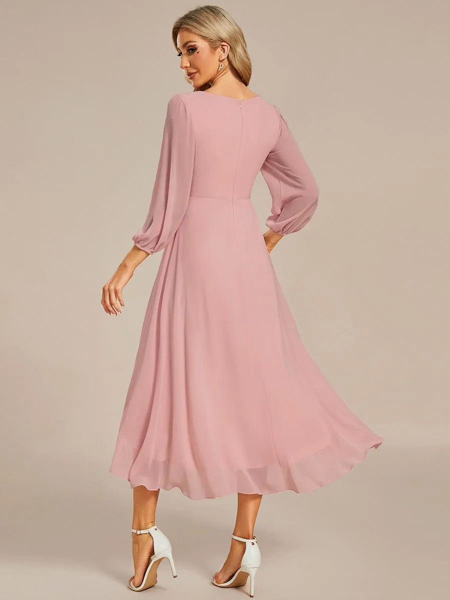 Chiffon Long Sleeve V-Neck High-Low Wedding Guest Dress