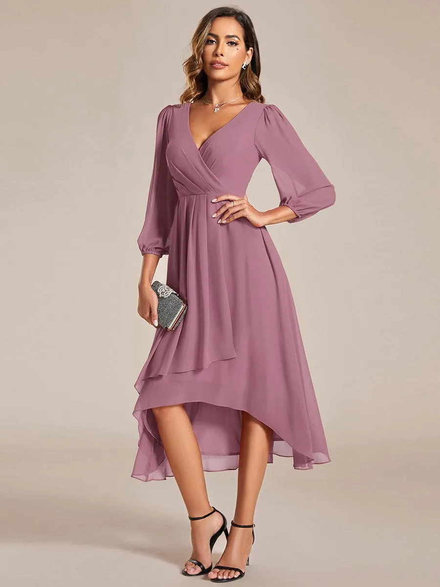 Chiffon Long Sleeve V-Neck High-Low Wedding Guest Dress