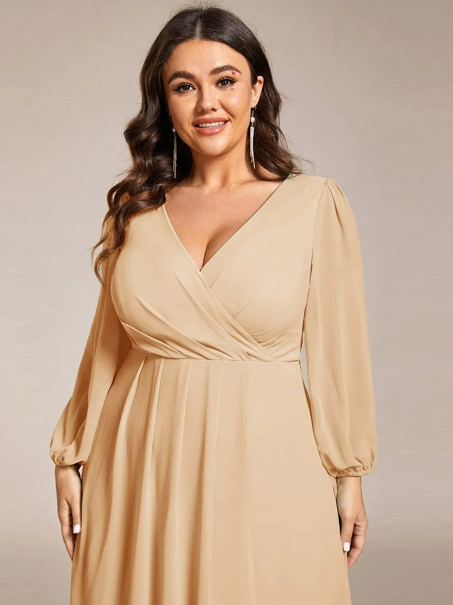 Chiffon Long Sleeve V-Neck High-Low Wedding Guest Dress