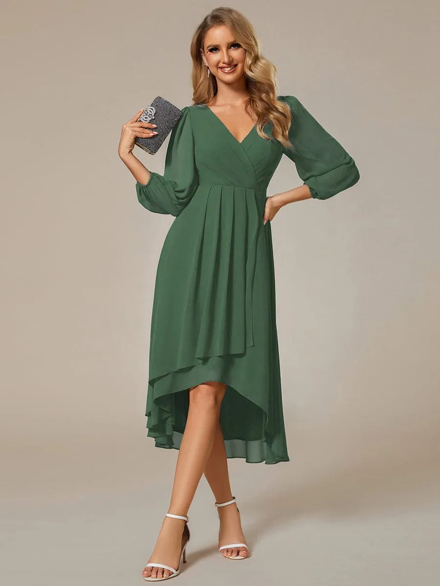 Chiffon Long Sleeve V-Neck High-Low Wedding Guest Dress