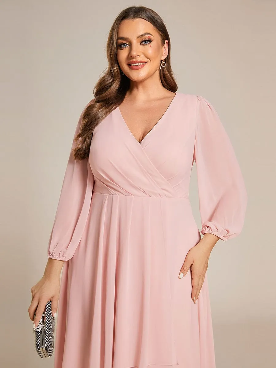 Chiffon Long Sleeve V-Neck High-Low Wedding Guest Dress