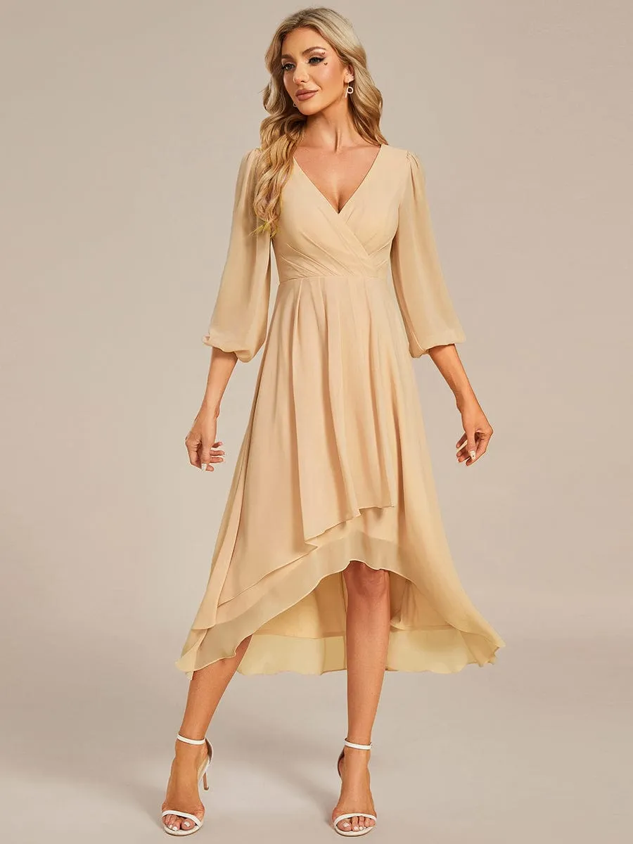 Chiffon Long Sleeve V-Neck High-Low Wedding Guest Dress