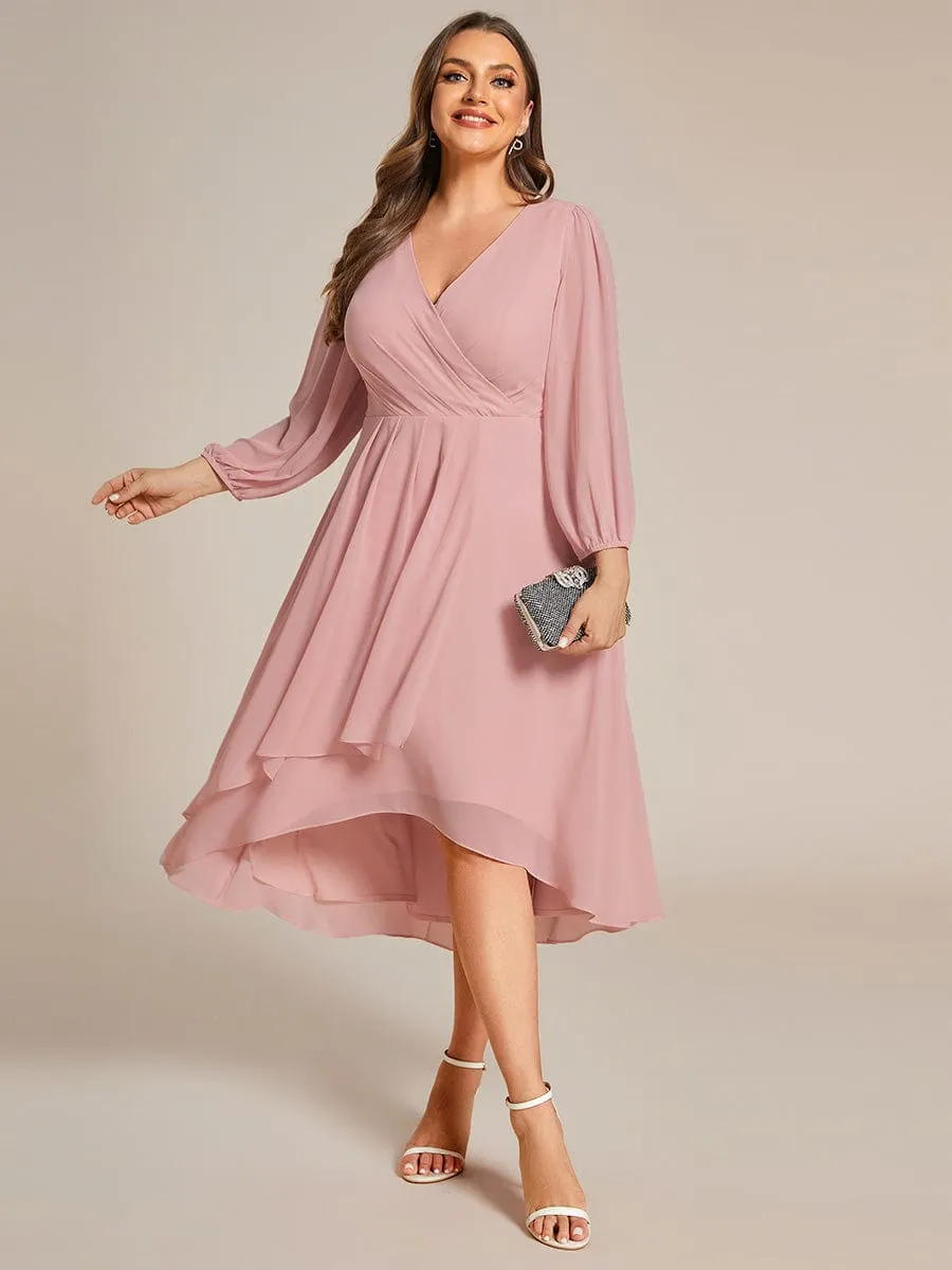 Chiffon Long Sleeve V-Neck High-Low Wedding Guest Dress