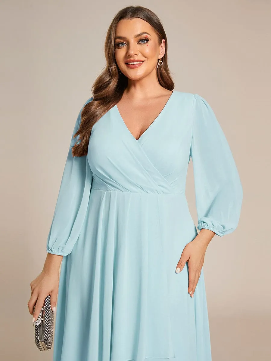 Chiffon Long Sleeve V-Neck High-Low Wedding Guest Dress