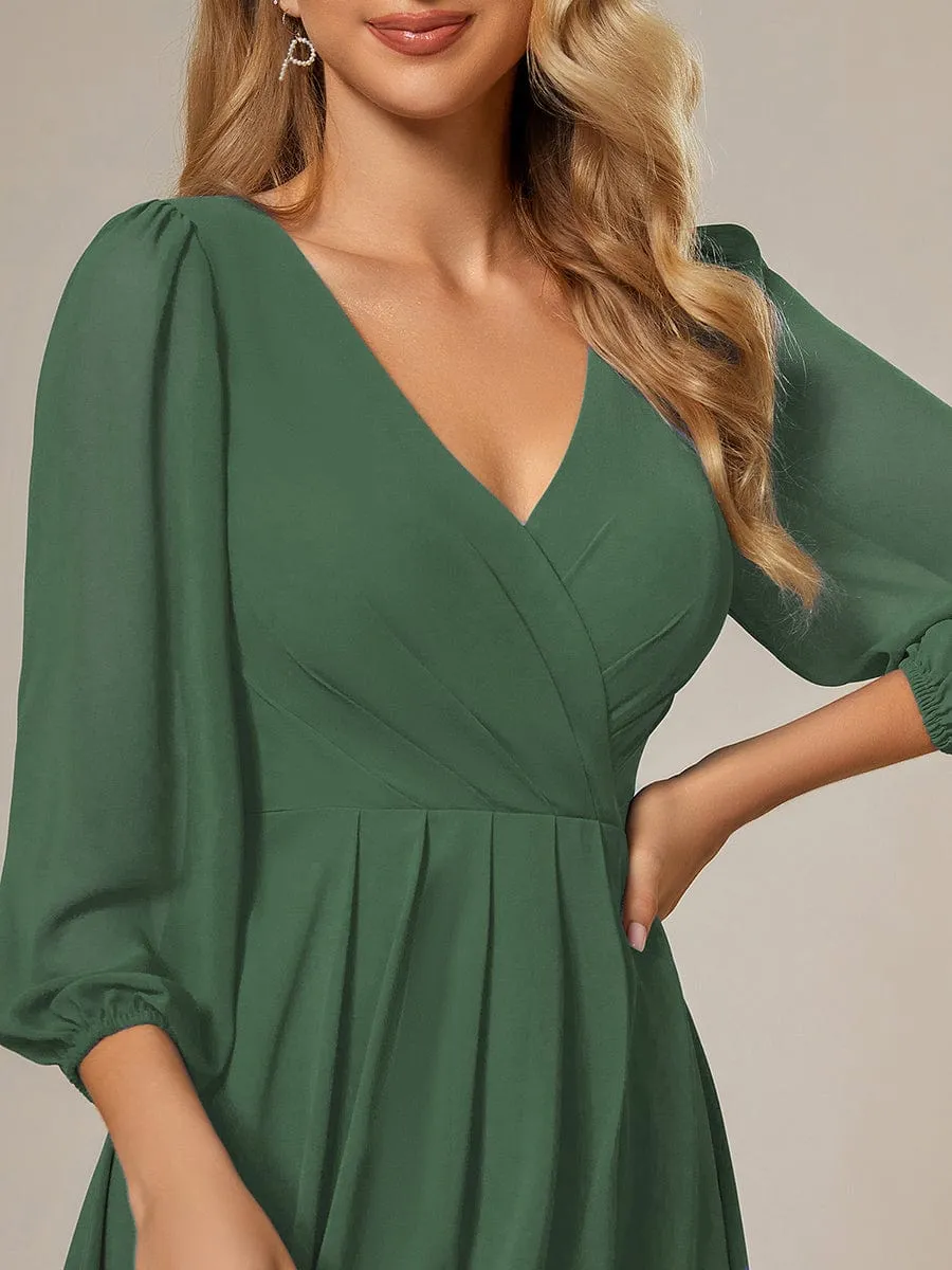 Chiffon Long Sleeve V-Neck High-Low Wedding Guest Dress