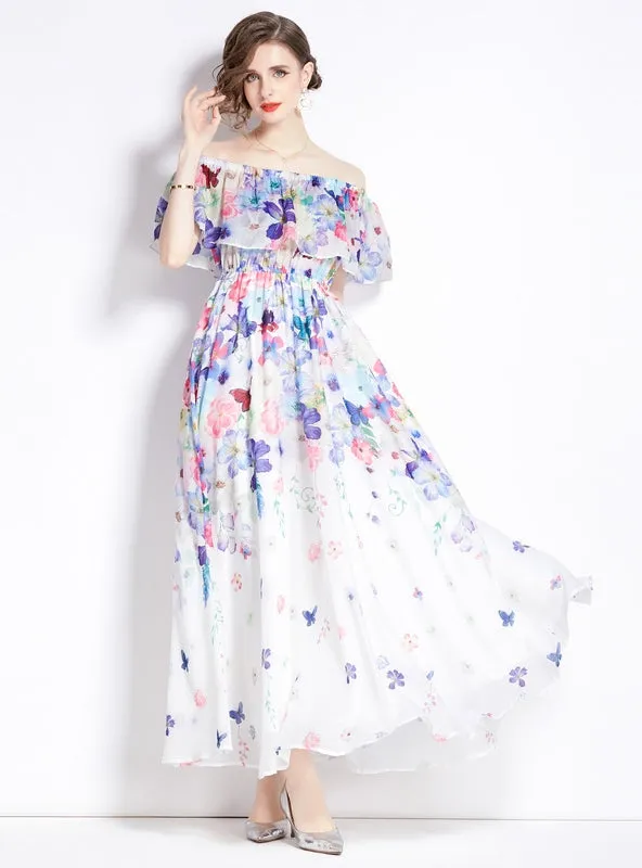 Chiffon Print Off the Shoulder Flounces Dress
