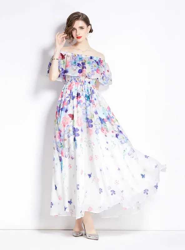 Chiffon Print Off the Shoulder Flounces Dress