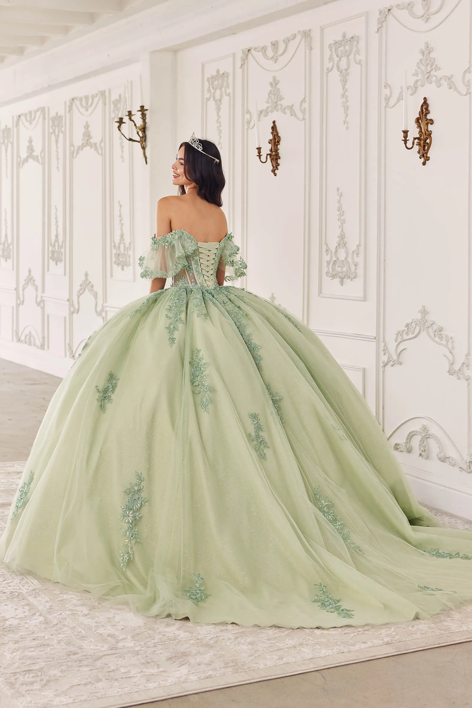 CINDERELLA DIVINE 15725 Off The Shoulder Flutter Sleeve Ball Gown