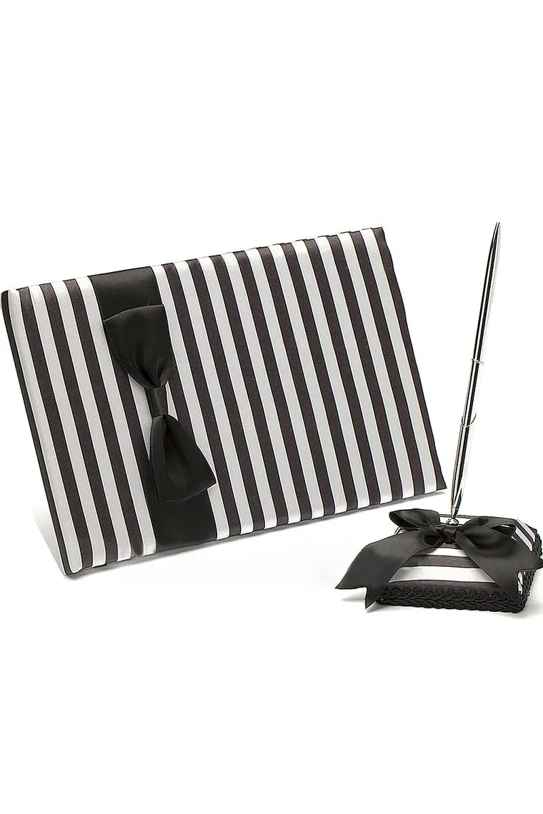 Classic Black & White Bow/Sash Guestbook & Pen Set