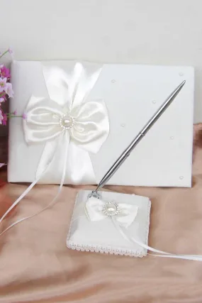 Classic Faux Pearl/Bow Guestbook & Pen Set