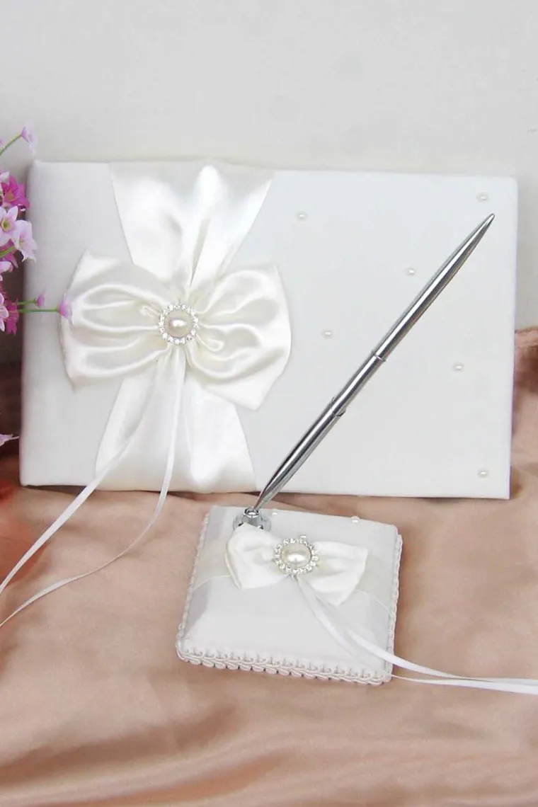 Classic Faux Pearl/Bow Guestbook & Pen Set
