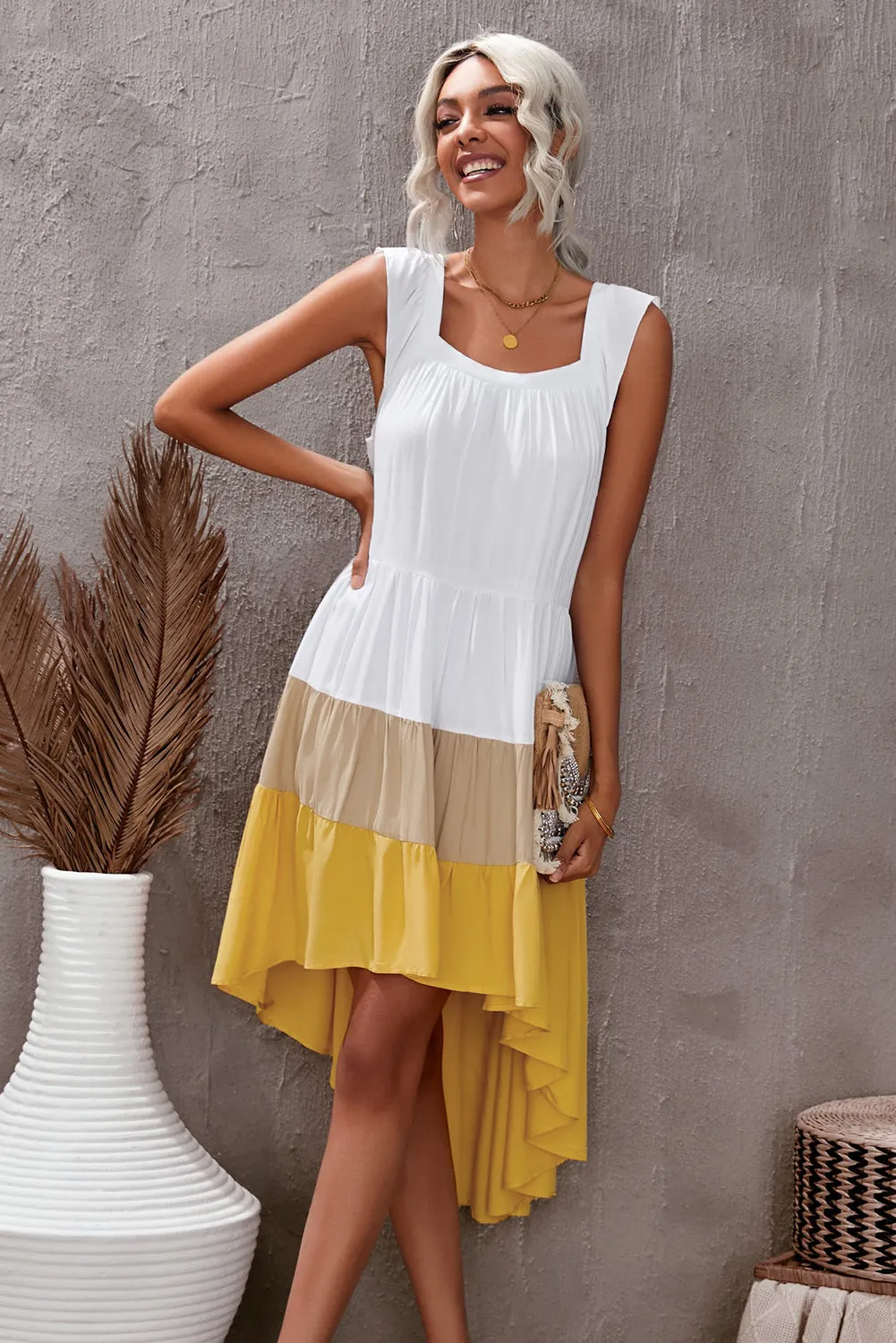 Color Block Square Neck High-Low Midi Dress