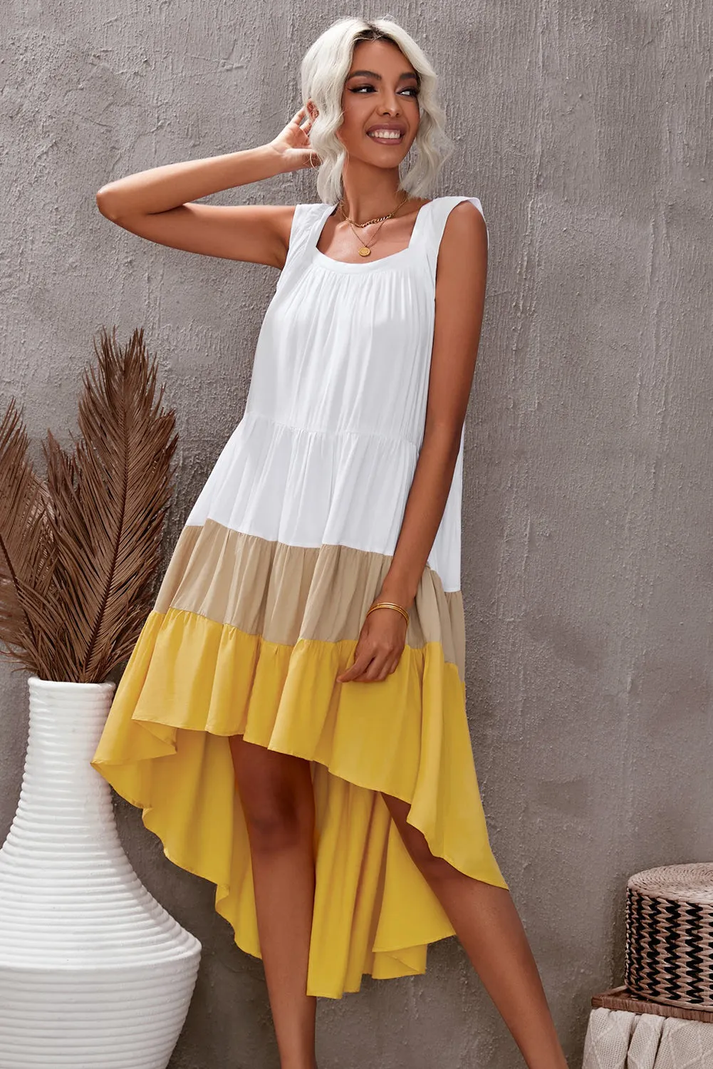 Color Block Square Neck High-Low Midi Dress