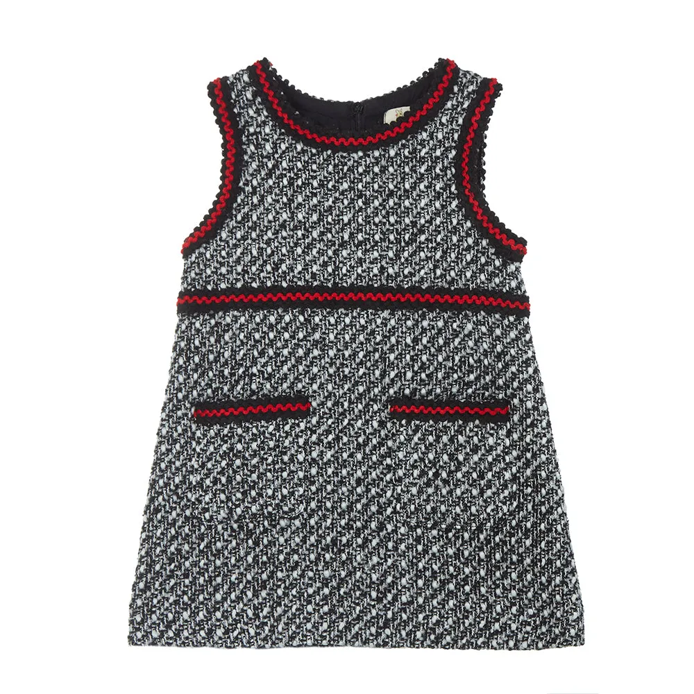 Contrast Trim Tweed Dress -  Black/White