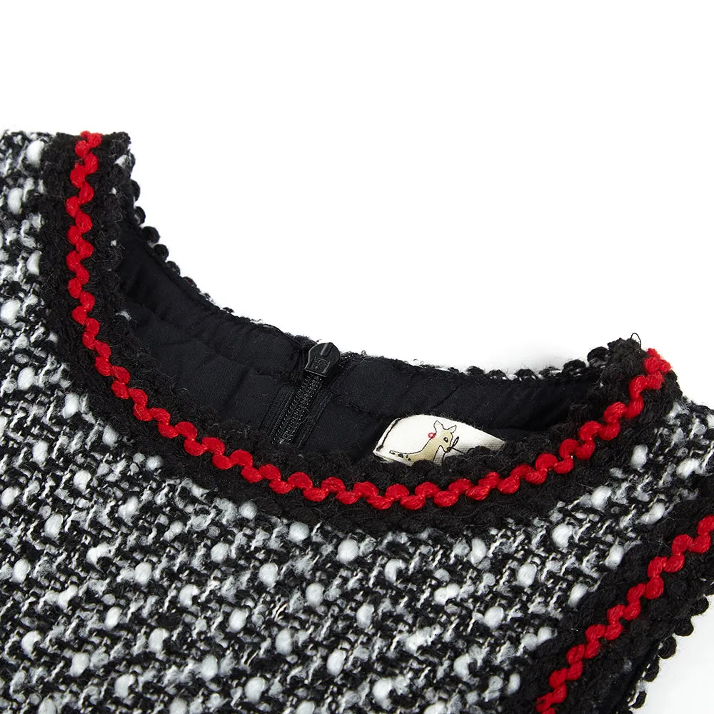 Contrast Trim Tweed Dress -  Black/White