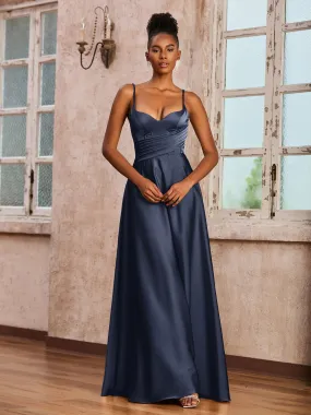Corset Top Pleated Stretch Satin Dress Dark Navy