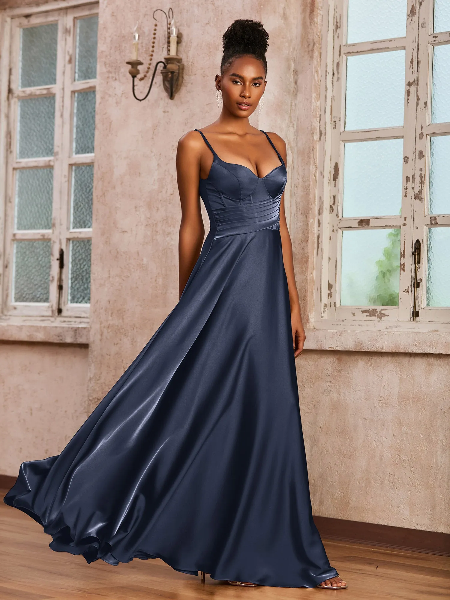 Corset Top Pleated Stretch Satin Dress Dark Navy
