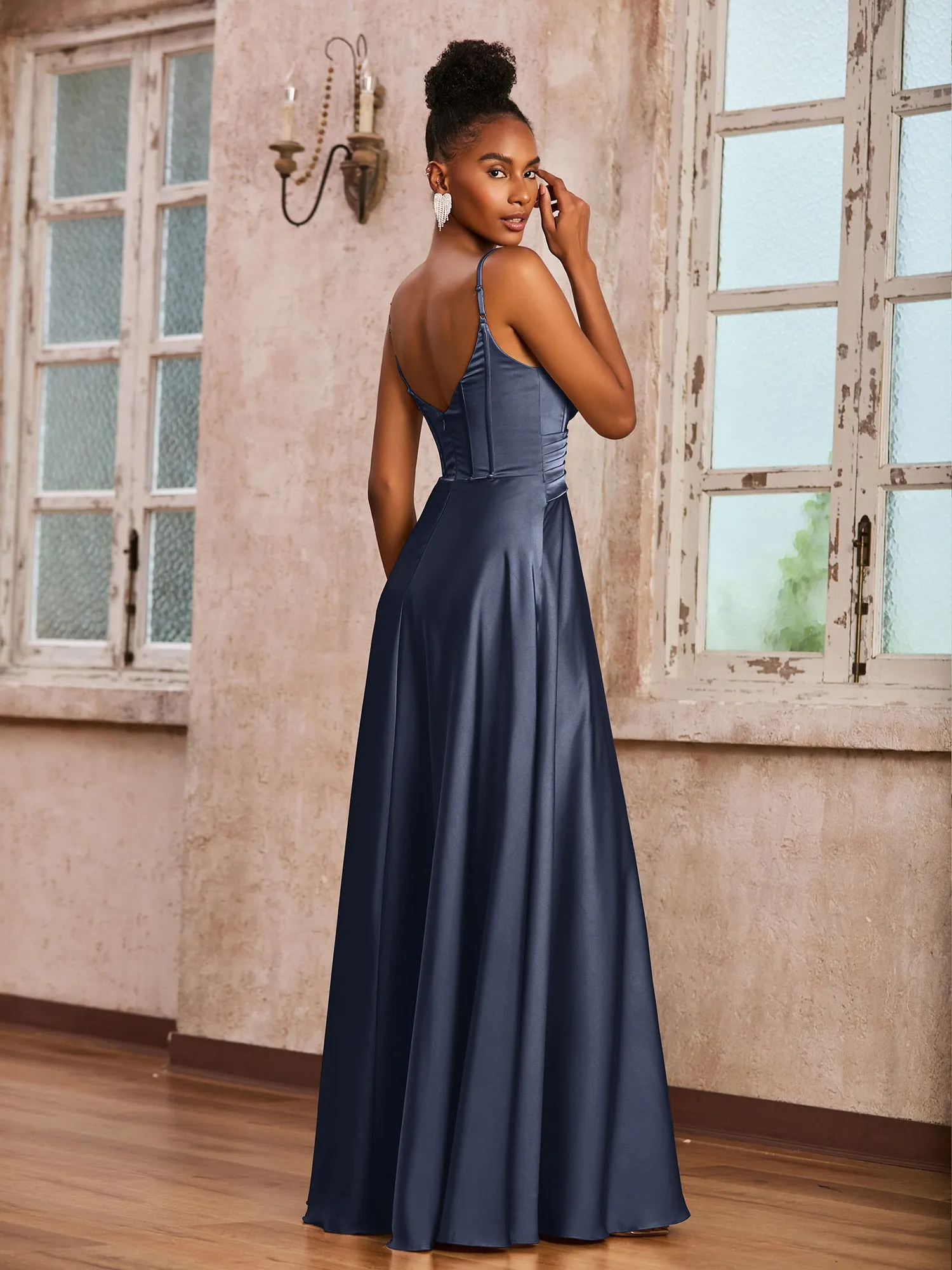 Corset Top Pleated Stretch Satin Dress Dark Navy