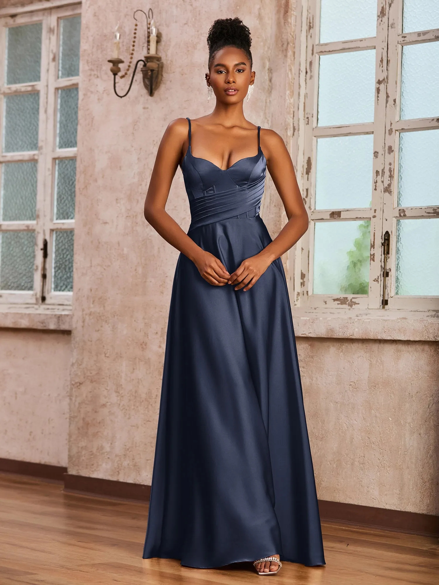 Corset Top Pleated Stretch Satin Dress Dark Navy