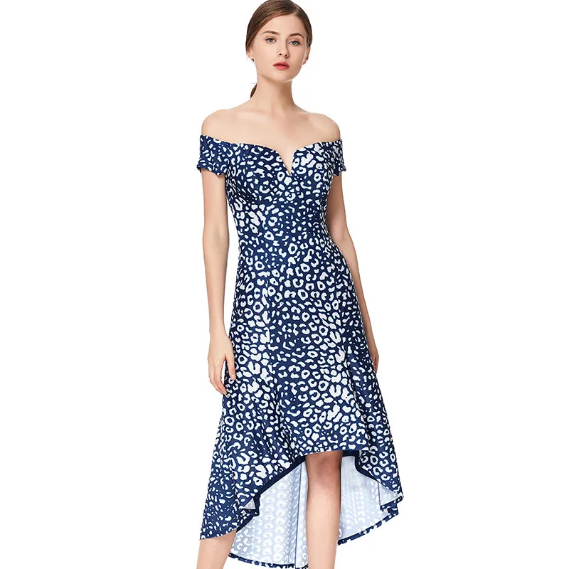 D024 Women animal print off shoulder short sleeves asymmetric hem midi party dress