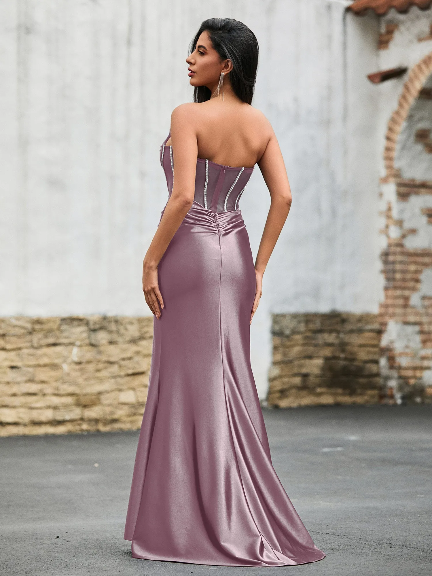 Diamand Corset Stretch Satin Maxi Dress Dusk