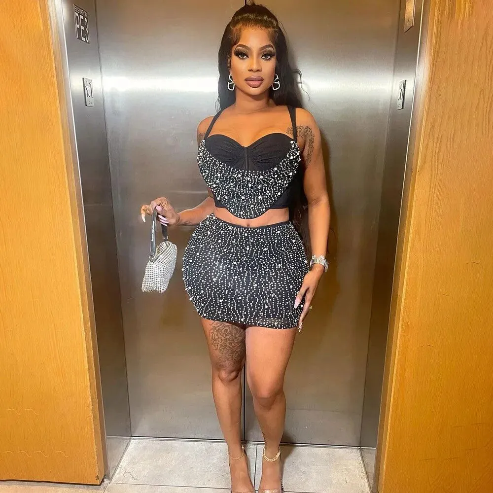 Diamond Mesh 2 Piece Women Crop Top  Mini Skirt outfit set*