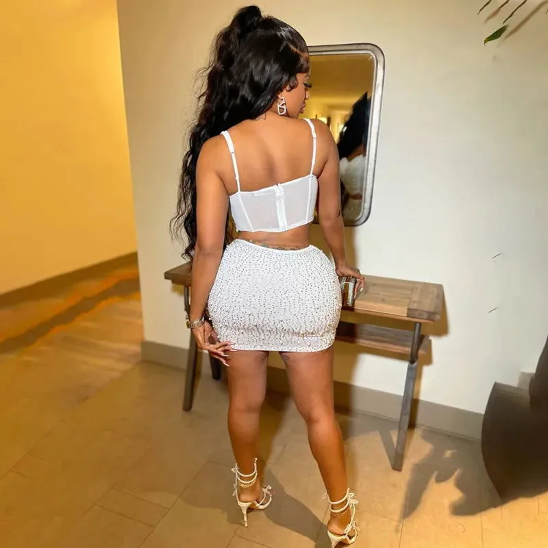 Diamond Mesh 2 Piece Women Crop Top  Mini Skirt outfit set*