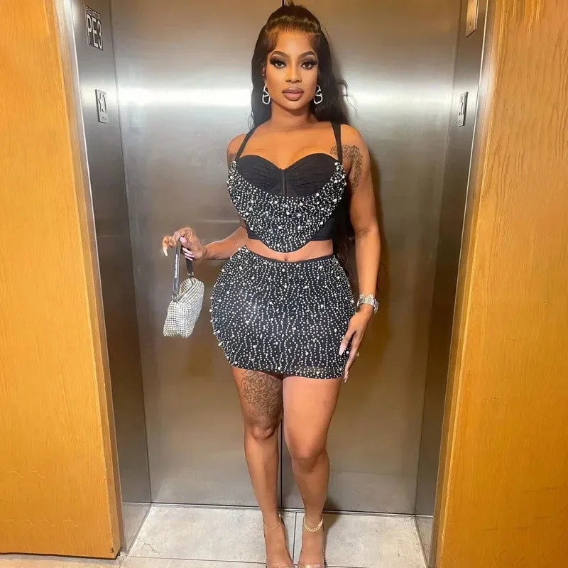 Diamond Mesh 2 Piece Women Crop Top  Mini Skirt outfit set*